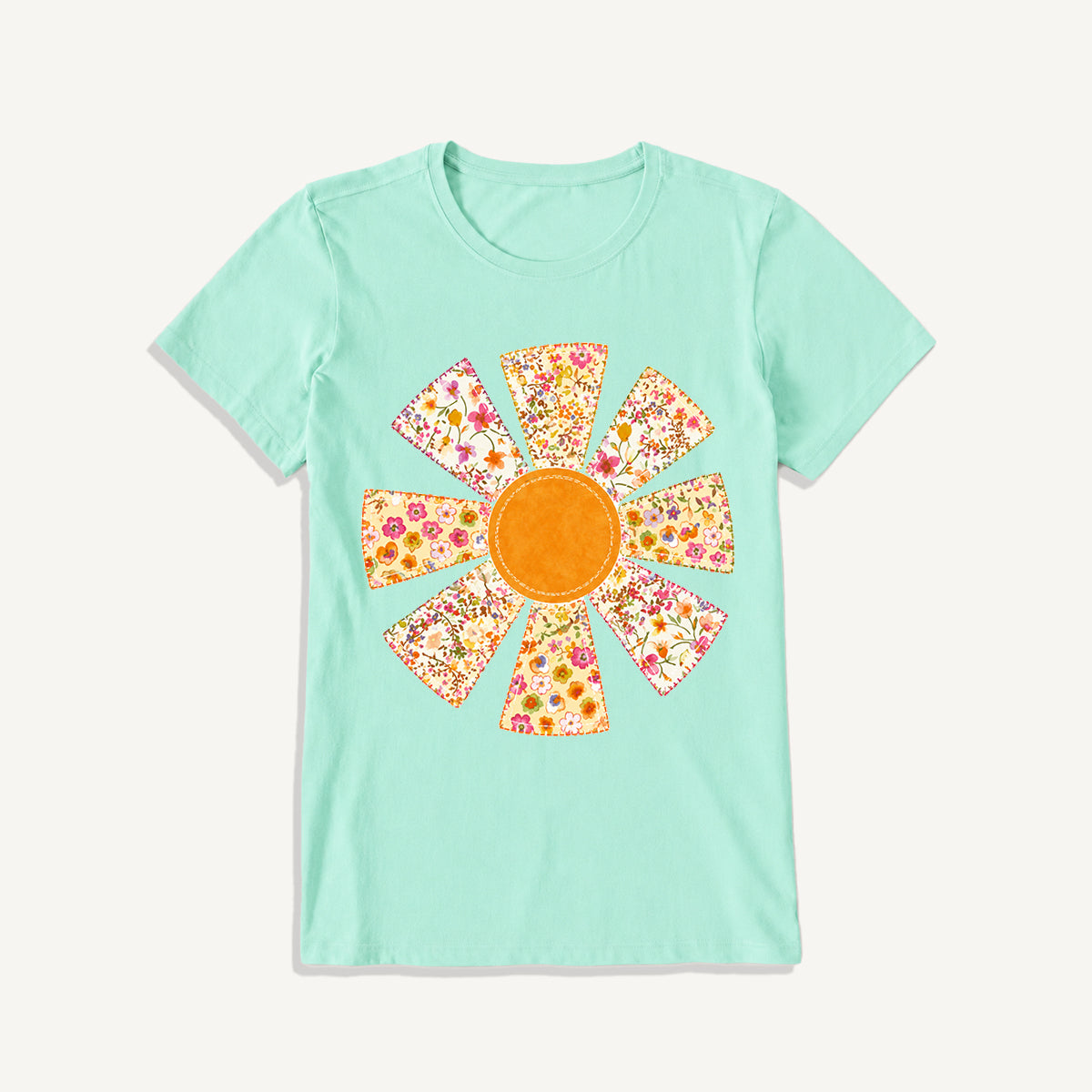 Golden Patchwork Daisy Print Crew Neck Cotton Tee