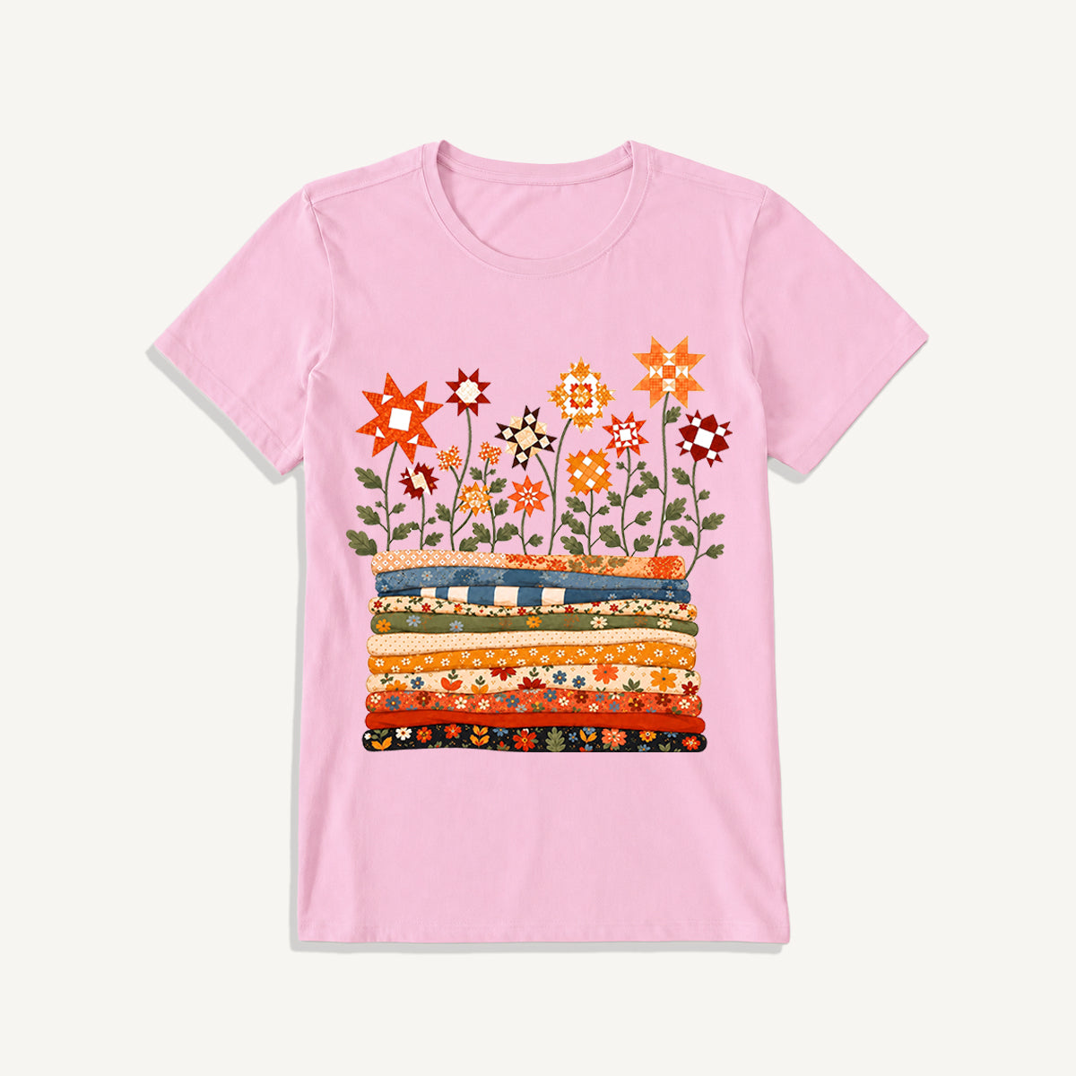 Patchwork Star Quilt Garden Print Crew Neck Cotton Tee