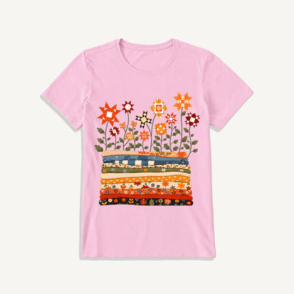 Patchwork Star Quilt Garden Print Crew Neck Cotton Tee