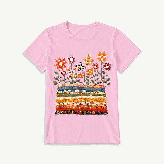 Patchwork Star Quilt Garden Print Crew Neck Cotton Tee