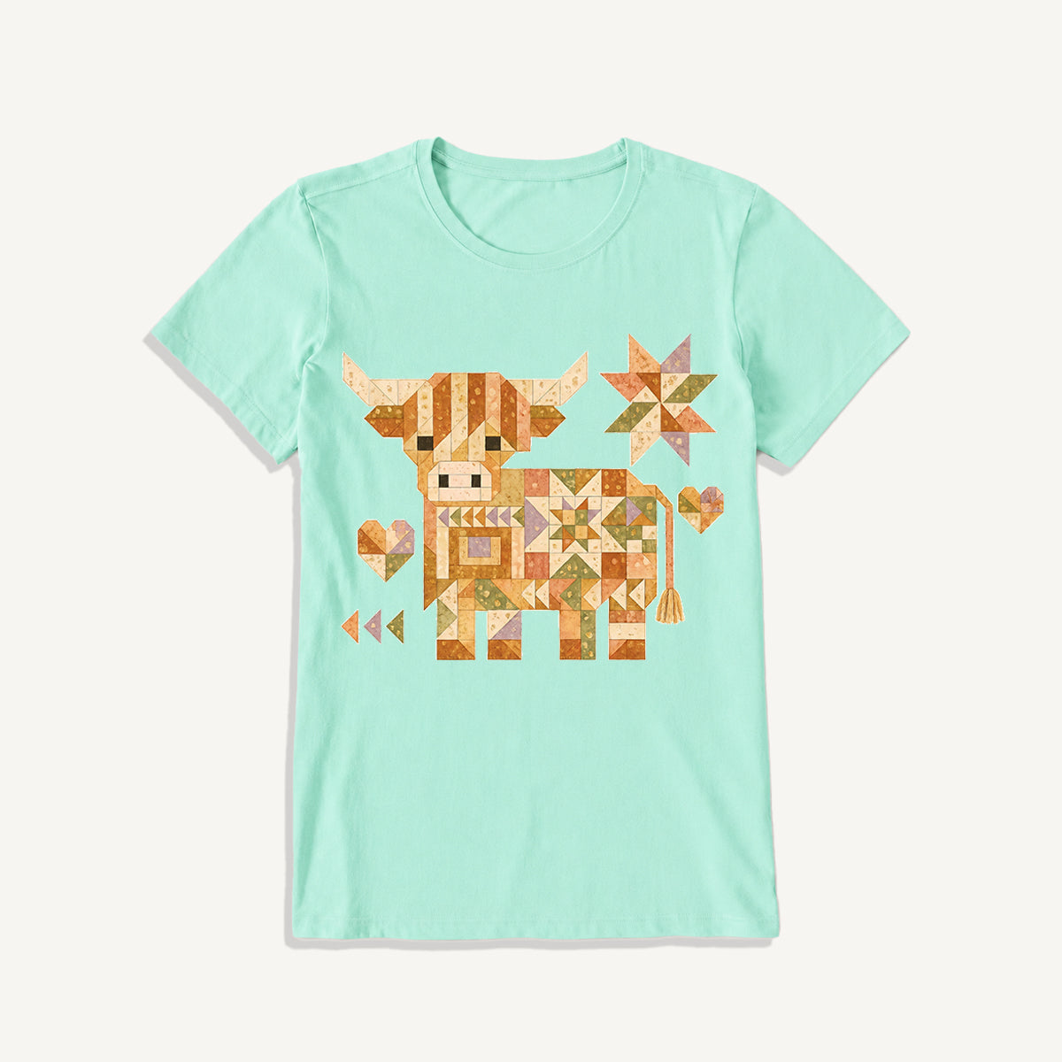 Highland Cow Quilt Art Print Crew Neck Cotton Tee