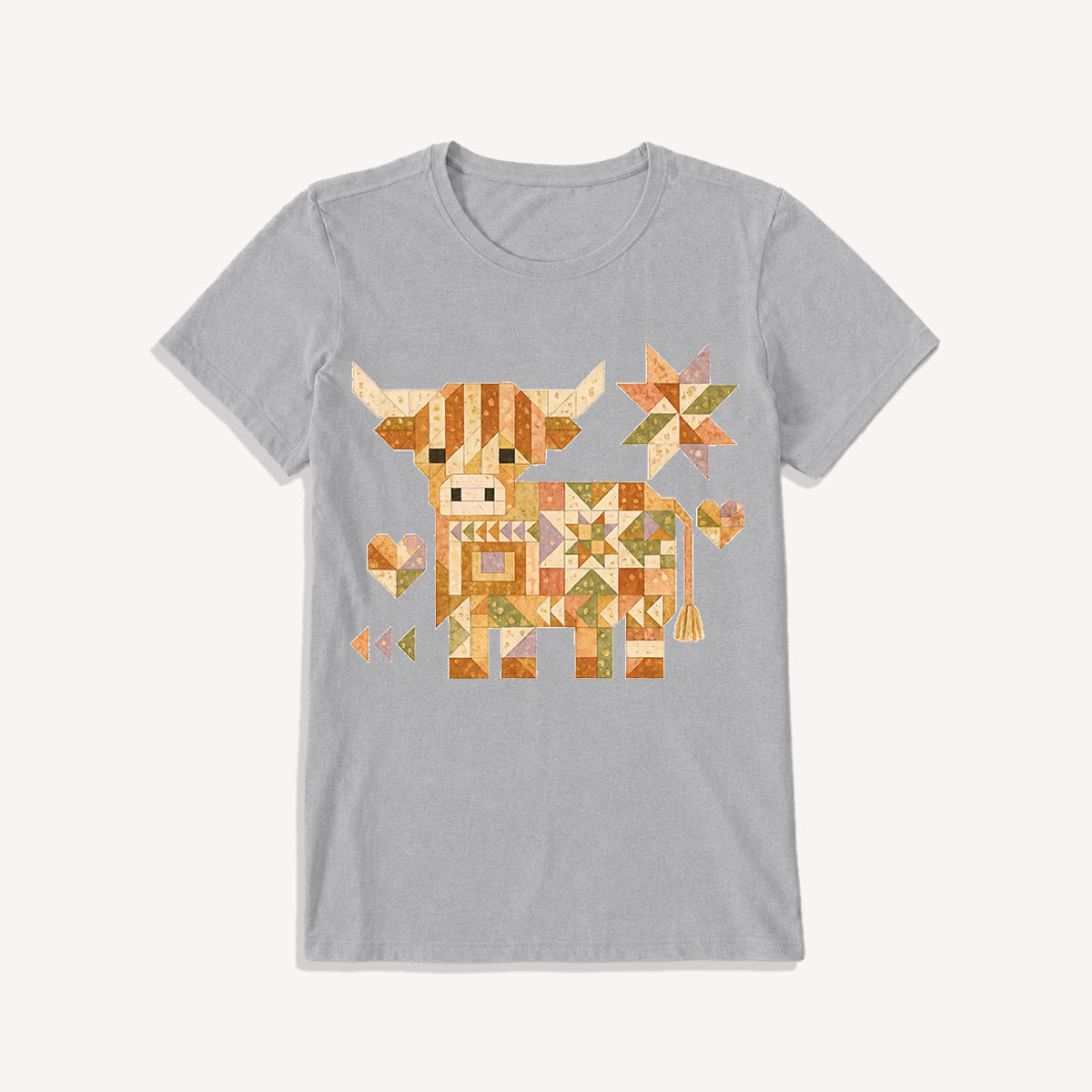 Highland Cow Quilt Art Print Crew Neck Cotton Tee