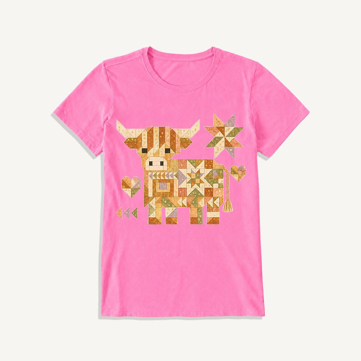 Highland Cow Quilt Art Print Crew Neck Cotton Tee