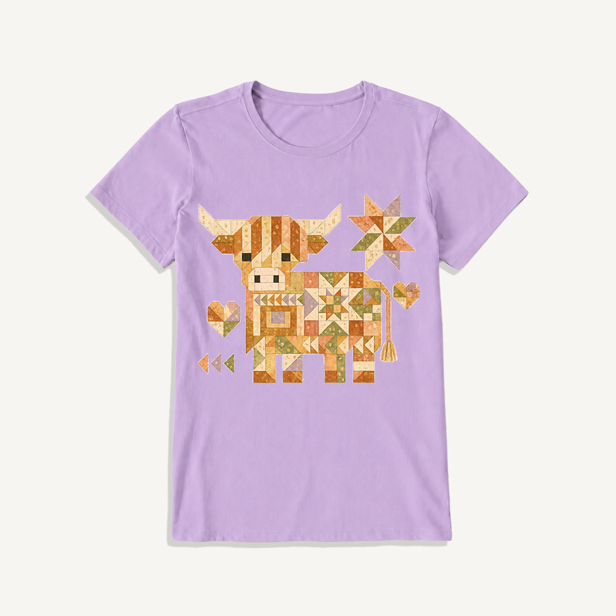Highland Cow Quilt Art Print Crew Neck Cotton Tee