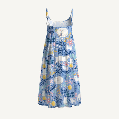Blue Leaf Cat Spaghetti Strap Mini Dress