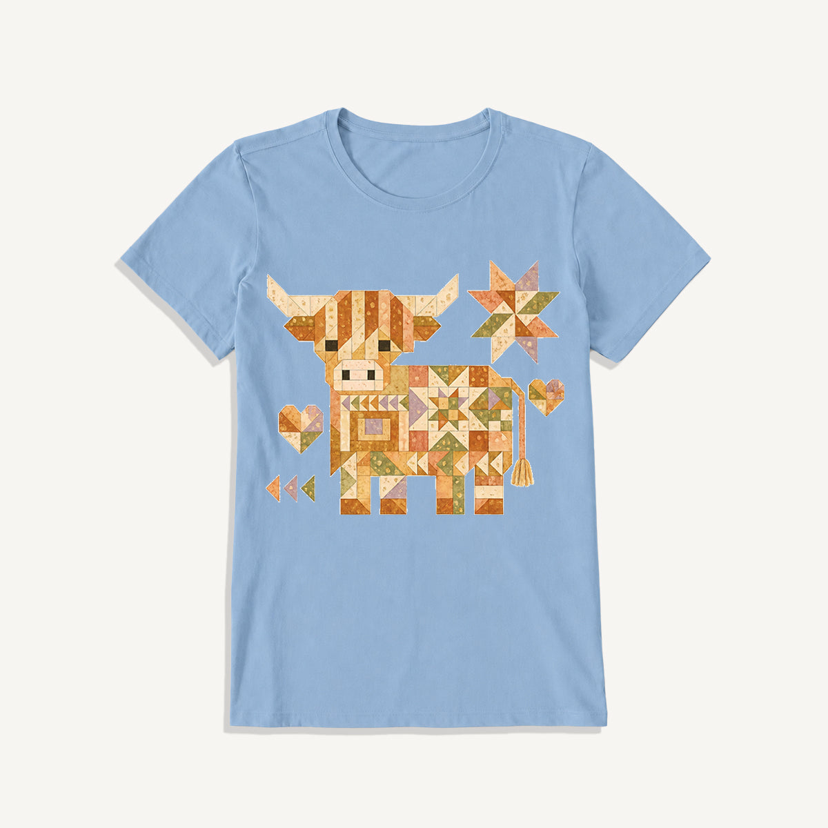 Highland Cow Quilt Art Print Crew Neck Cotton Tee