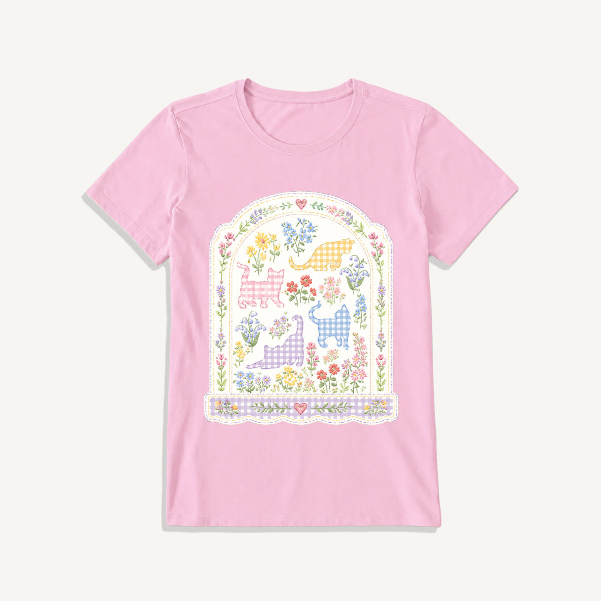 Gingham Cats Arch Frame Print Crew Neck Cotton Tee