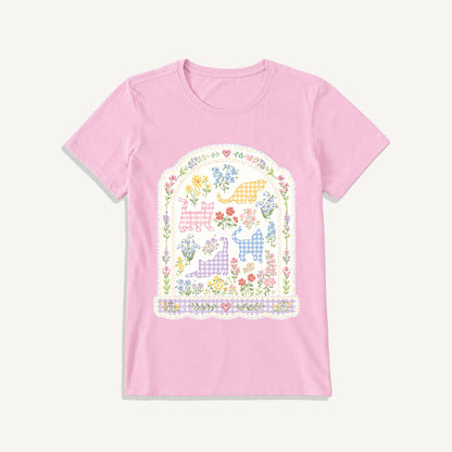 Gingham Cats Arch Frame Print Crew Neck Cotton Tee