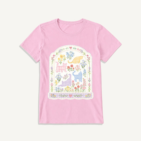 Gingham Cats Arch Frame Print Crew Neck Cotton Tee