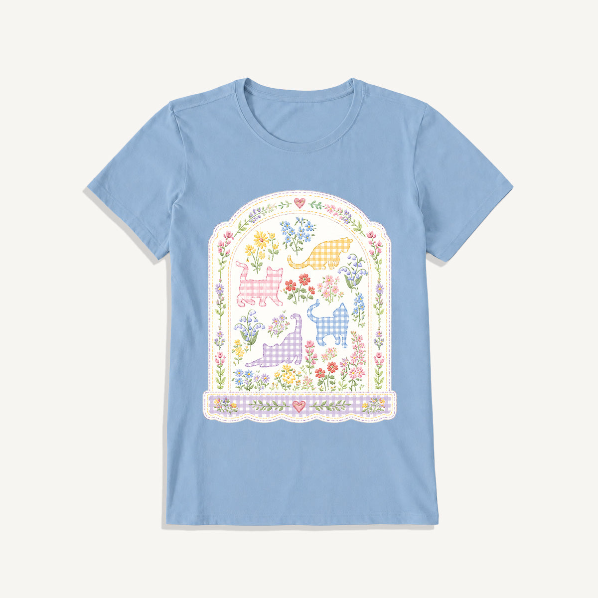 Gingham Cats Arch Frame Print Crew Neck Cotton Tee