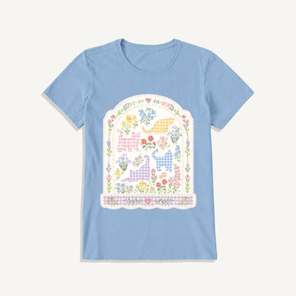 Gingham Cats Arch Frame Print Crew Neck Cotton Tee