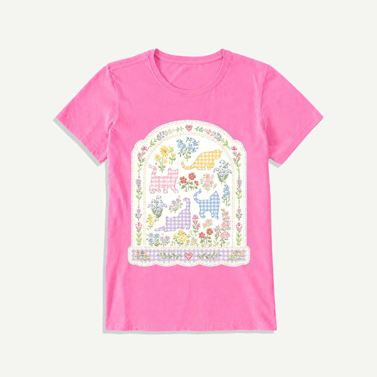 Gingham Cats Arch Frame Print Crew Neck Cotton Tee