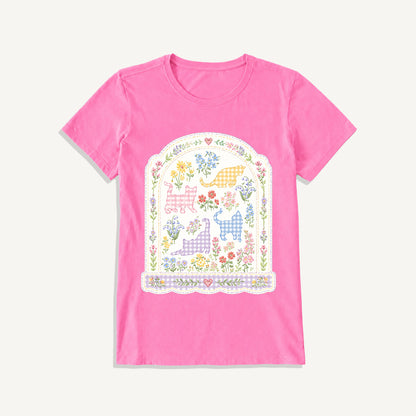 Gingham Cats Arch Frame Print Crew Neck Cotton Tee