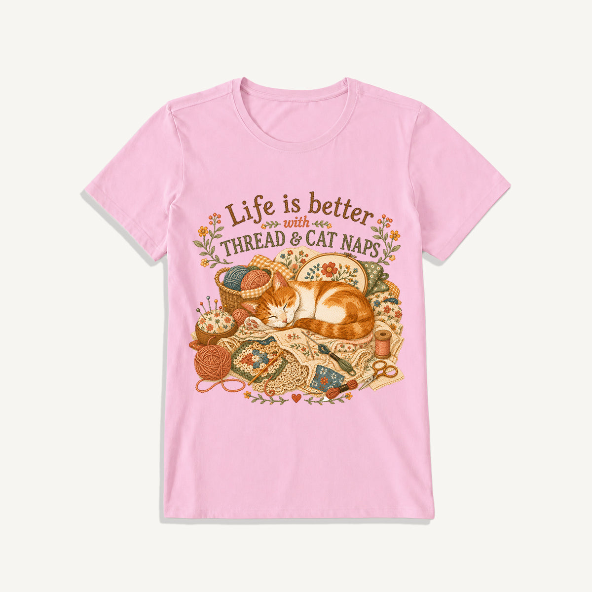 Thread and Cat Naps Print Crew Neck Cotton Tee