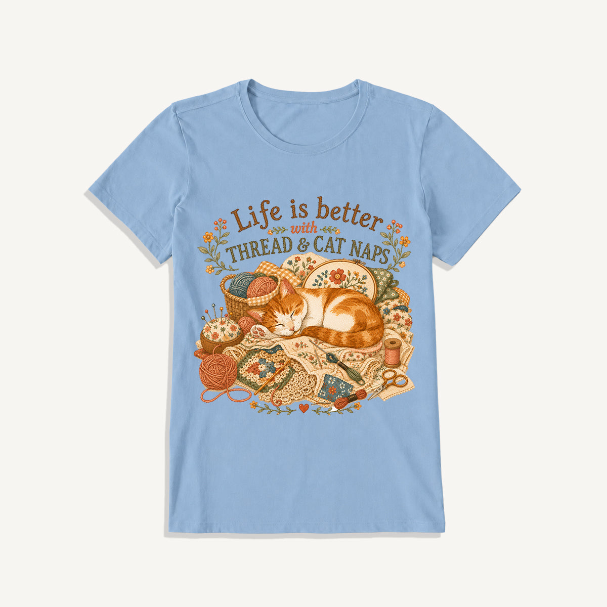 Thread and Cat Naps Print Crew Neck Cotton Tee