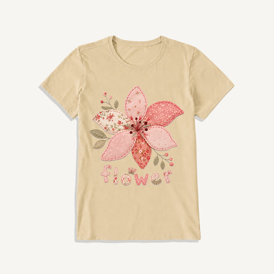 Blush Patchwork Flower Print Crew Neck Cotton Tee