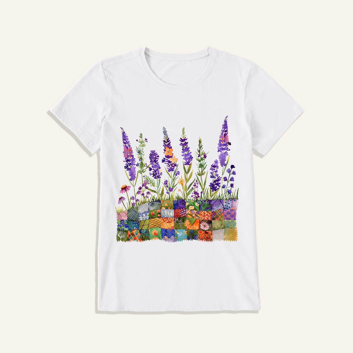 Lavender on Patchwork Meadow Print Crew Neck Cotton Tee