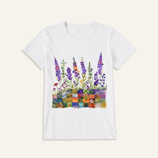 Lavender on Patchwork Meadow Print Crew Neck Cotton Tee