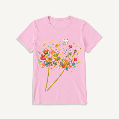 Sewing Tool Dandelion Art Print Crew Neck Cotton Tee
