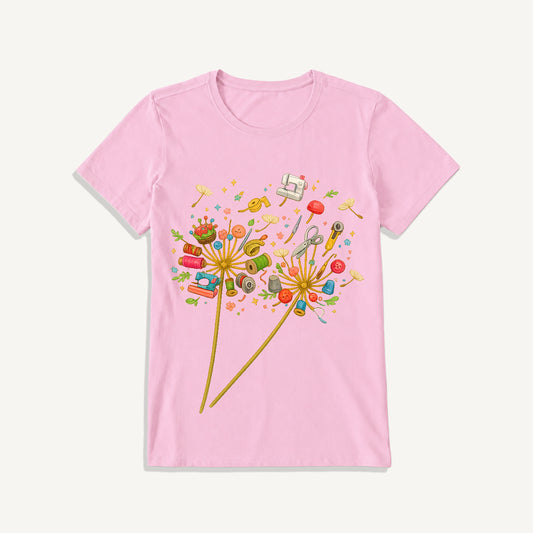 Sewing Tool Dandelion Art Print Crew Neck Cotton Tee