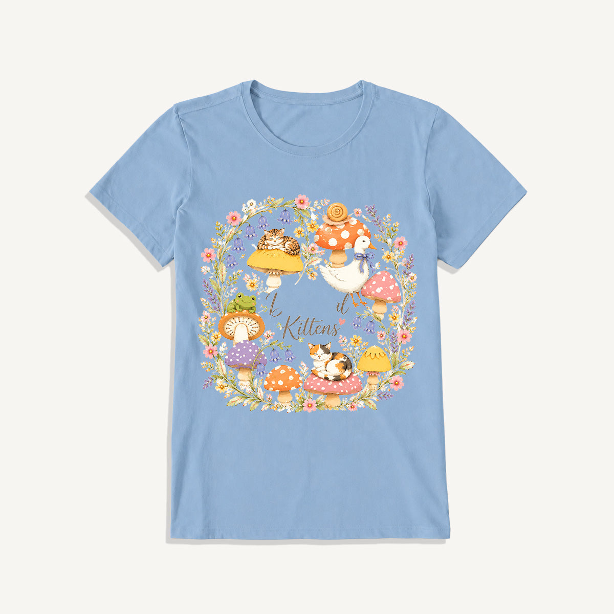 Botanical Kittens Mushroom Wreath Print Crew Neck Cotton Tee