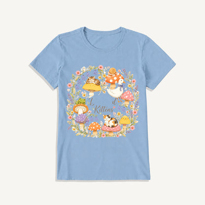Botanical Kittens Mushroom Wreath Print Crew Neck Cotton Tee