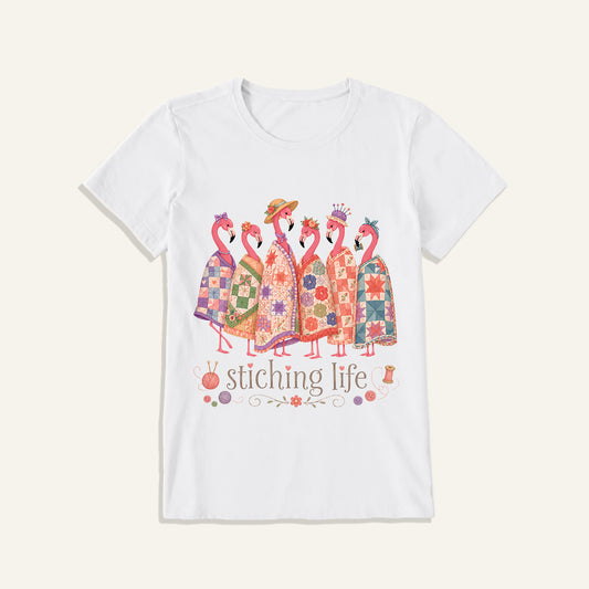 Quilted Flamingo Craft Club Print Crew Neck Cotton Tee