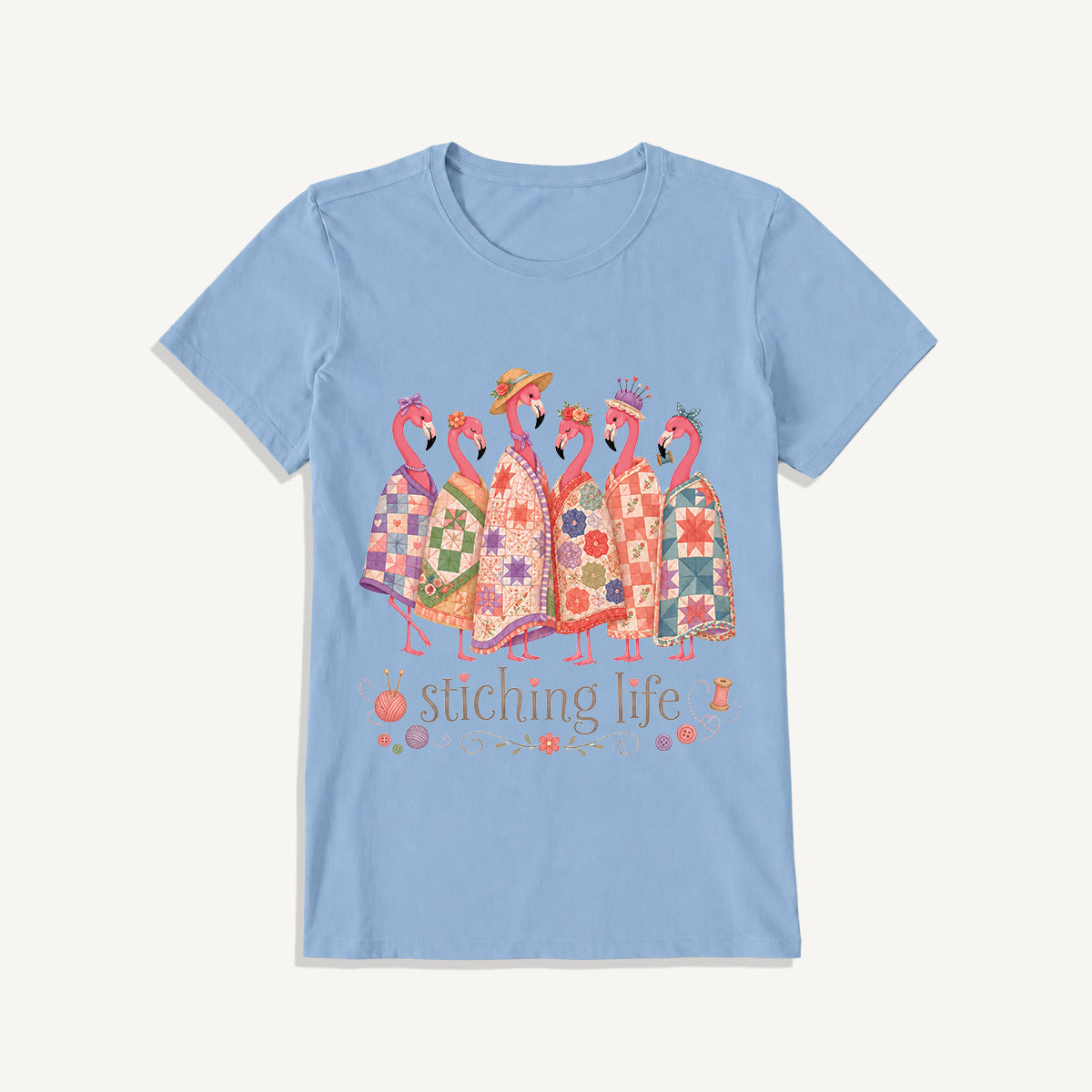 Quilted Flamingo Craft Club Print Crew Neck Cotton Tee