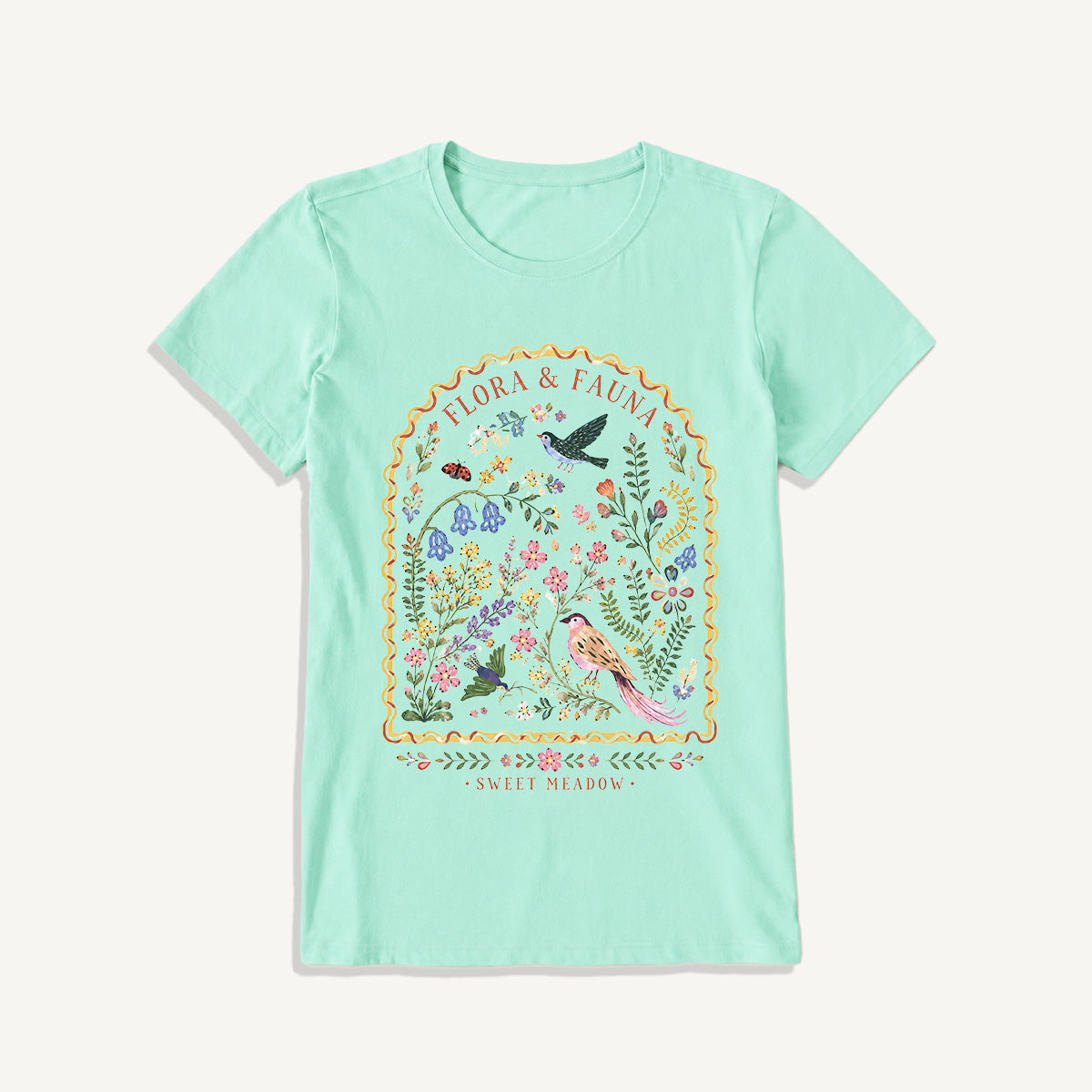 Folk Birds Sweet Meadow Print Crew Neck Cotton Tee