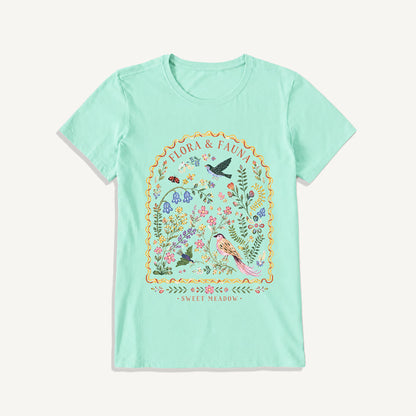 Folk Birds Sweet Meadow Print Crew Neck Cotton Tee