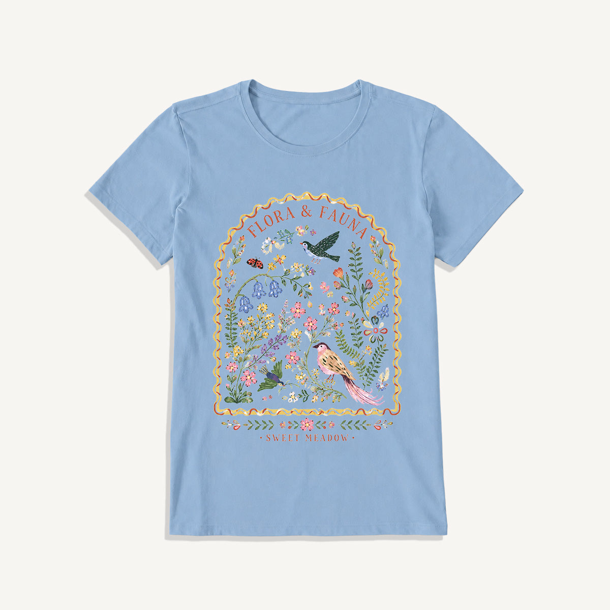 Folk Birds Sweet Meadow Print Crew Neck Cotton Tee