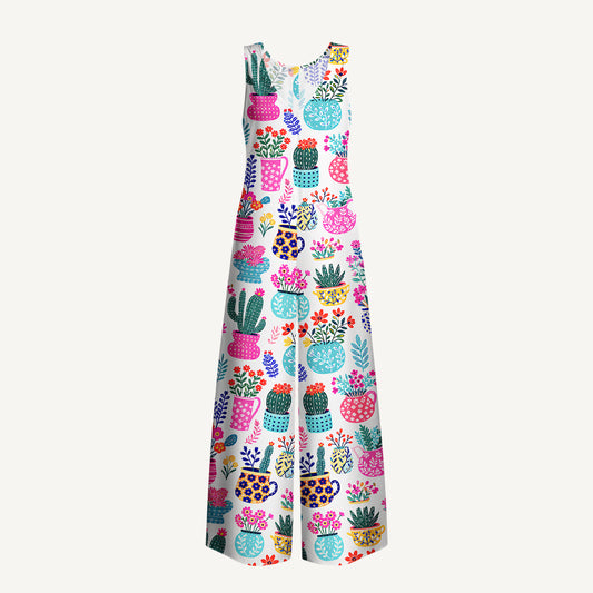 Cactus and Flowers Print Boho Jumpsuit with Pockets for Women