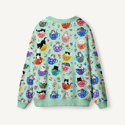 Cute Teacup Kitten Print Ugly Cardigan Sweaters