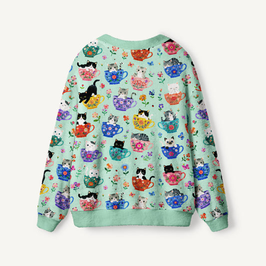 Cute Teacup Kitten Print Ugly Cardigan Sweaters