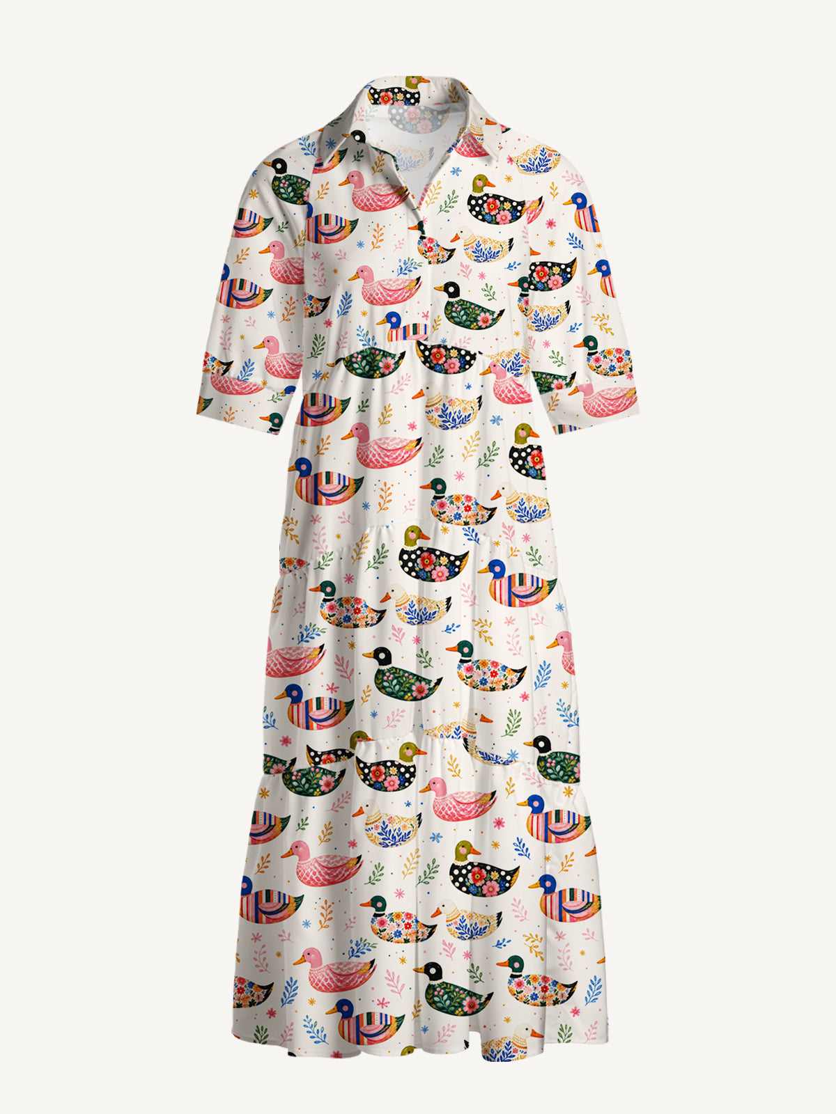 V Neck Collared Whimsical Floral Ducks Print Casual Midi Dress With Pockets