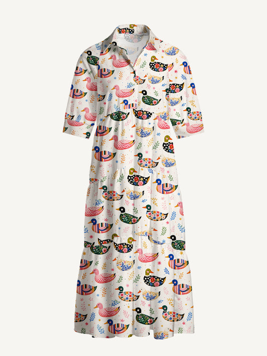 V Neck Collared Whimsical Floral Ducks Print Casual Midi Dress With Pockets
