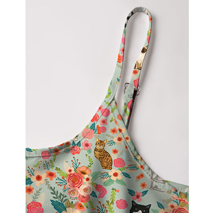 Flower Cat Spaghetti Strap Mini Dress
