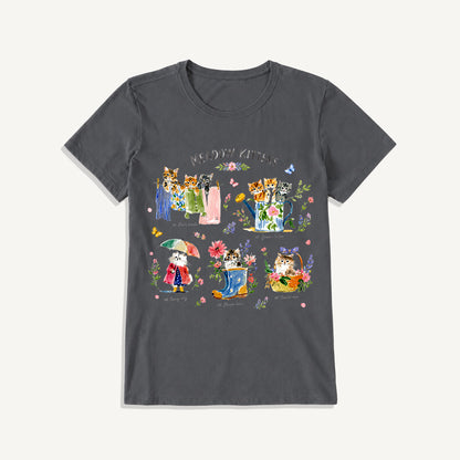 Watercolor Meadow Kittens Guide Print Crew Neck Cotton Tee