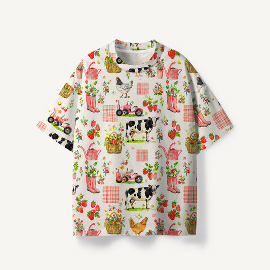 Watercolor Pink Farm Chicken print Premium Eco Tee