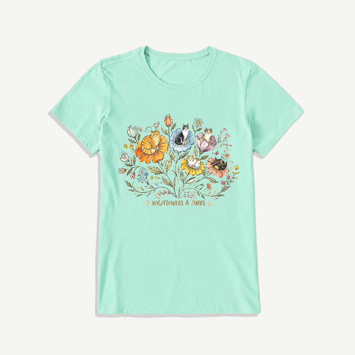 Wildflowers And Purrs Bloom Print Crew Neck Cotton Tee