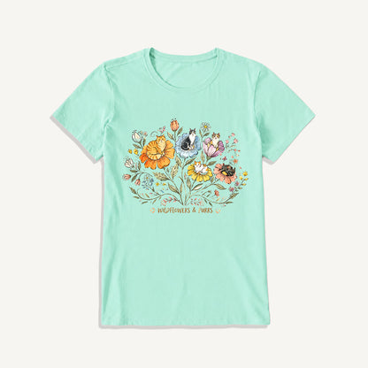 Wildflowers And Purrs Bloom Print Crew Neck Cotton Tee