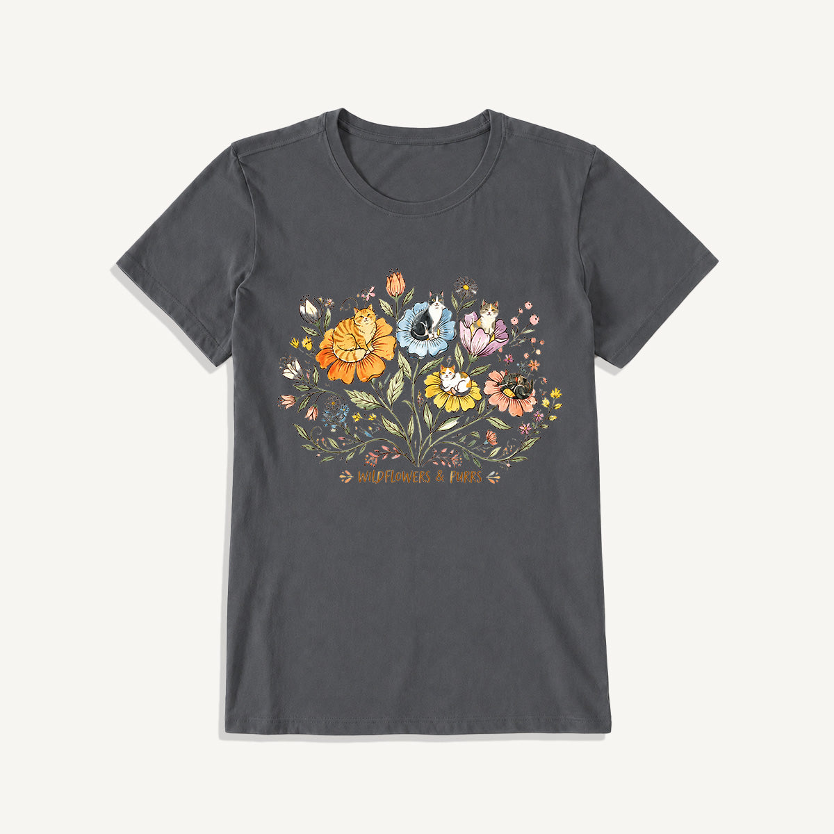 Wildflowers And Purrs Bloom Print Crew Neck Cotton Tee