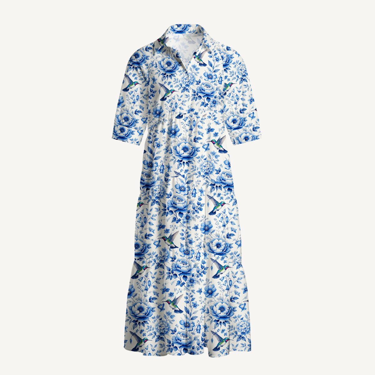 V Neck Collared Delft Blue Hummingbird and Floral Pattern Print Casual Midi Dress With Pockets