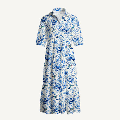 V Neck Collared Delft Blue Hummingbird and Floral Pattern Print Casual Midi Dress With Pockets