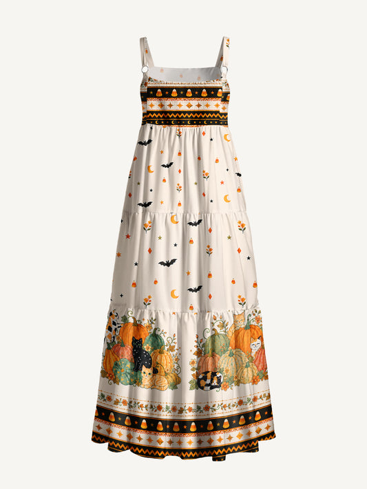 Pumpkin Patch Cats Print Wide Straps Maxi Dress With Pockets