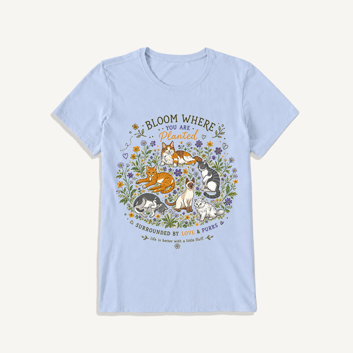 Blooming Cats & Wildflowers Print Crew Neck Cotton Tee