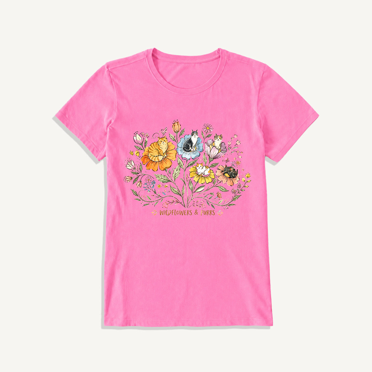 Wildflowers And Purrs Bloom Print Crew Neck Cotton Tee