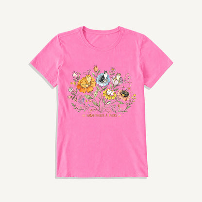 Wildflowers And Purrs Bloom Print Crew Neck Cotton Tee
