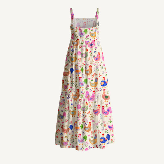 Colorful Farm Chickens Print Cotton Wide Straps Maxi Dress With Pockets