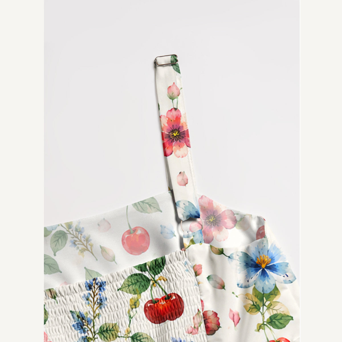 Cherry & Floral Print Wide Straps Maxi Dress With Pockets